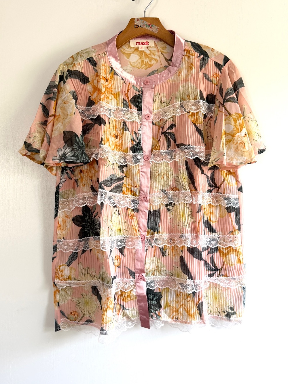 Mazik Pink Floral Lace-Trim Button-Up Blouse